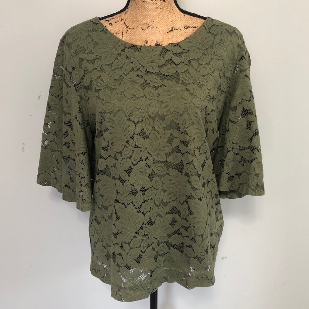 Banana Republic Olive Green Floral Lace Blouse Lg